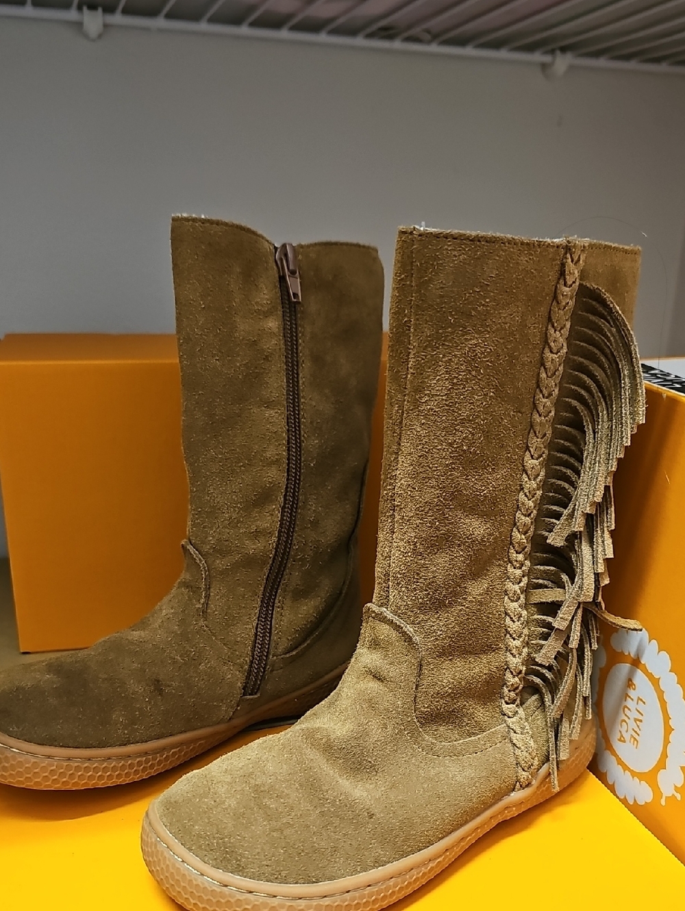 Livie & Luca Tan Suede Fringe Mid-Calf Boots